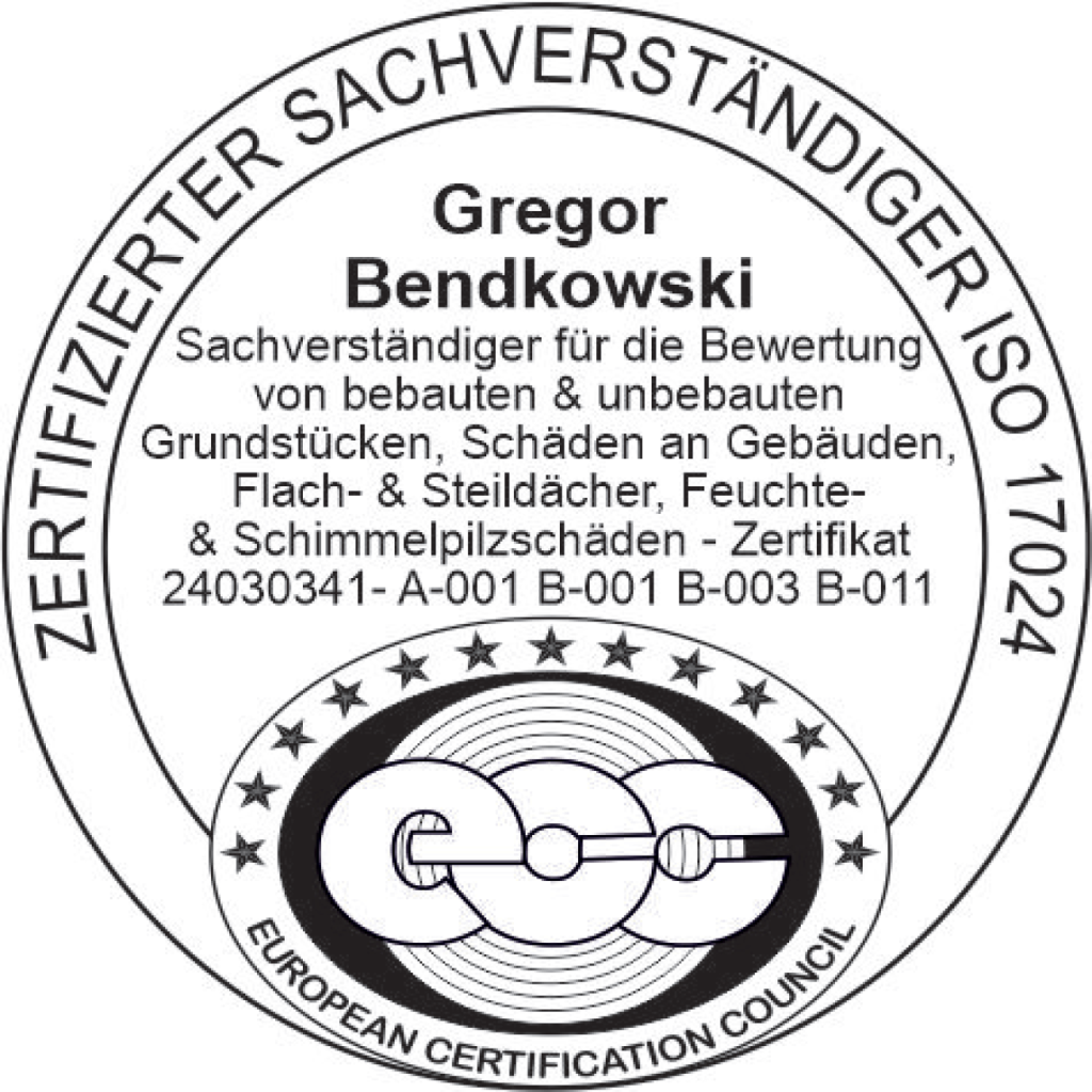 Zertifizierung als Gutachter für Bauschäden und Immobilienbewertung Zertifizierter Sachverständiger nach DIN EN ISO 17024 – Ingenieurbüro Bendkowski UG